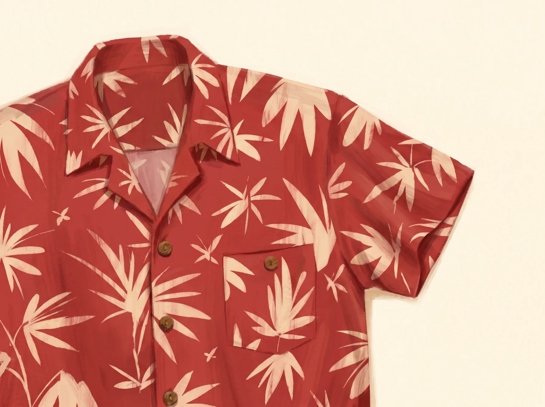 Close-up of a red aloha shirt showing its collar, pocket, buttons and sleeve