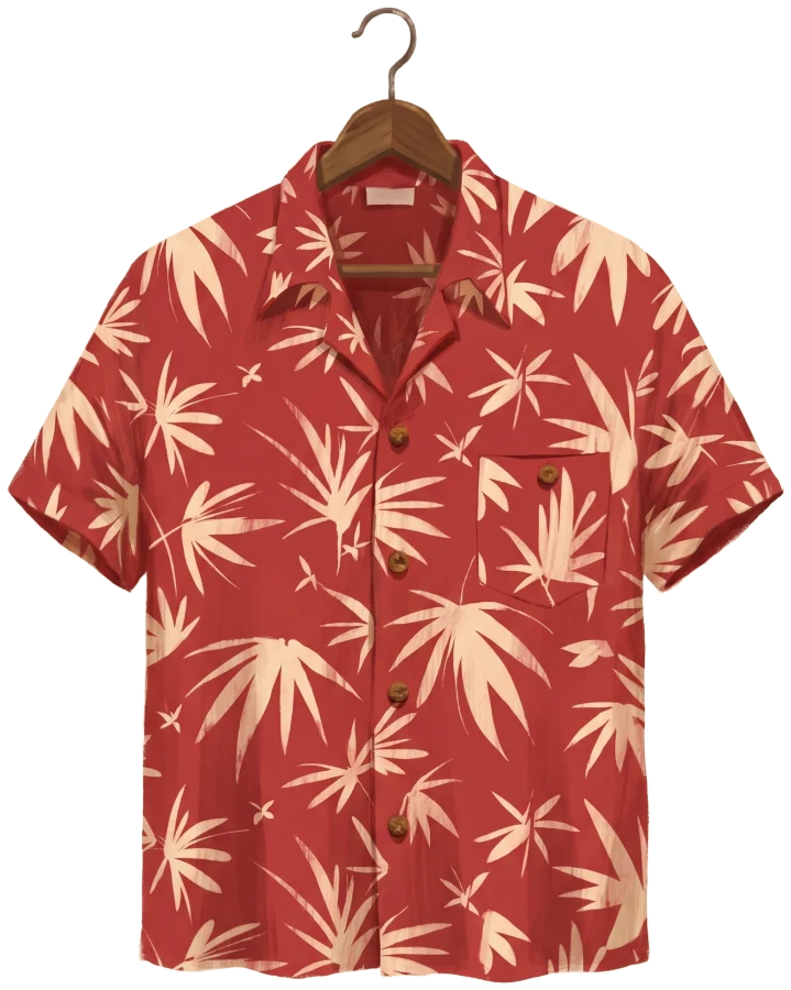 Red rayon aloha shirt with cream bamboo leaves