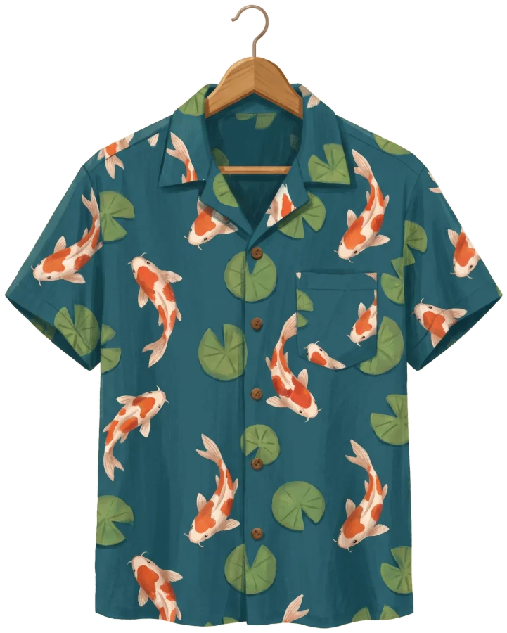 Teal rayon aloha shirt with koi and lily pads