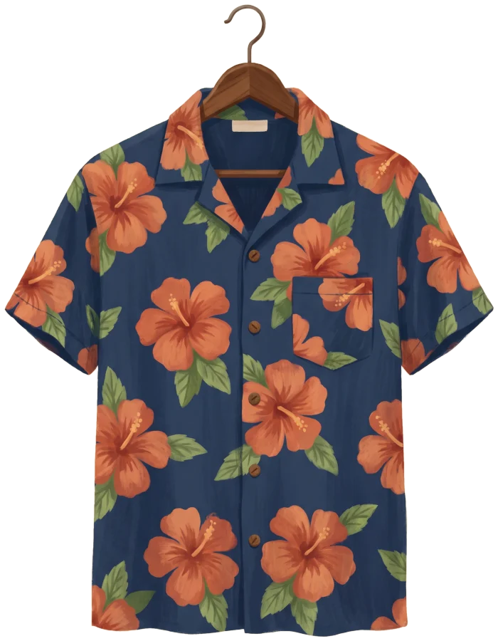 Navy rayon aloha shirt with orange hibiscus