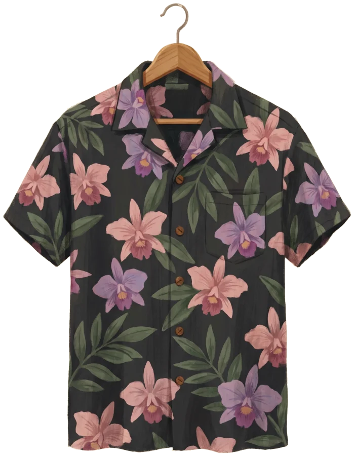 Charcoal aloha shirt with pink and violet orchids