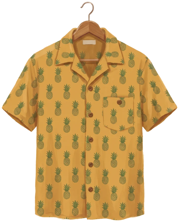 Mustard cotton aloha shirt with rows of small pineapples