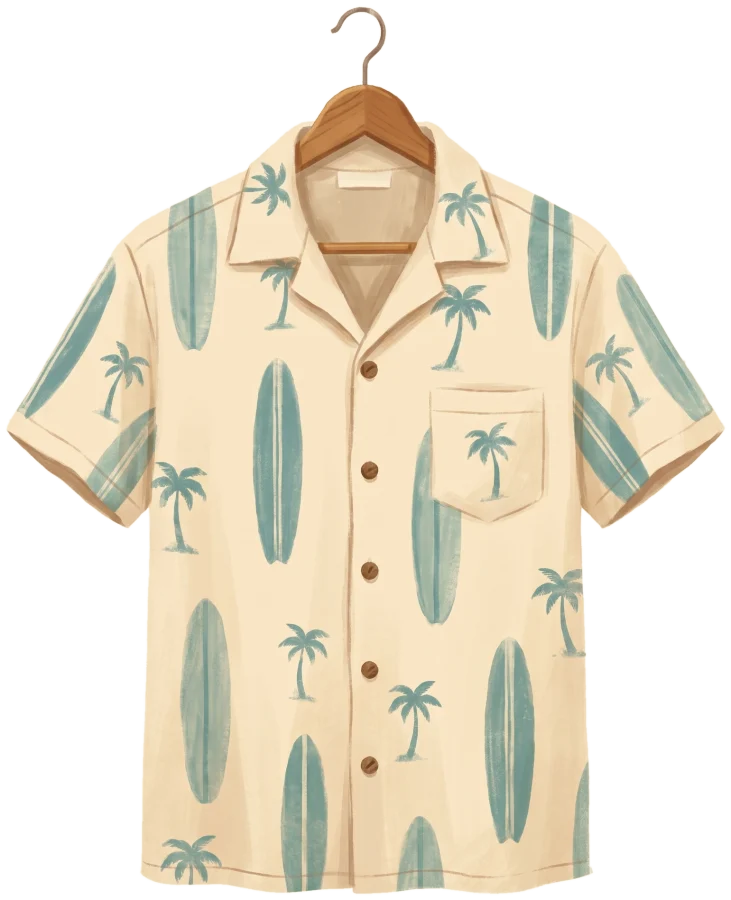 Cream cotton aloha shirt with teal longboards and palms