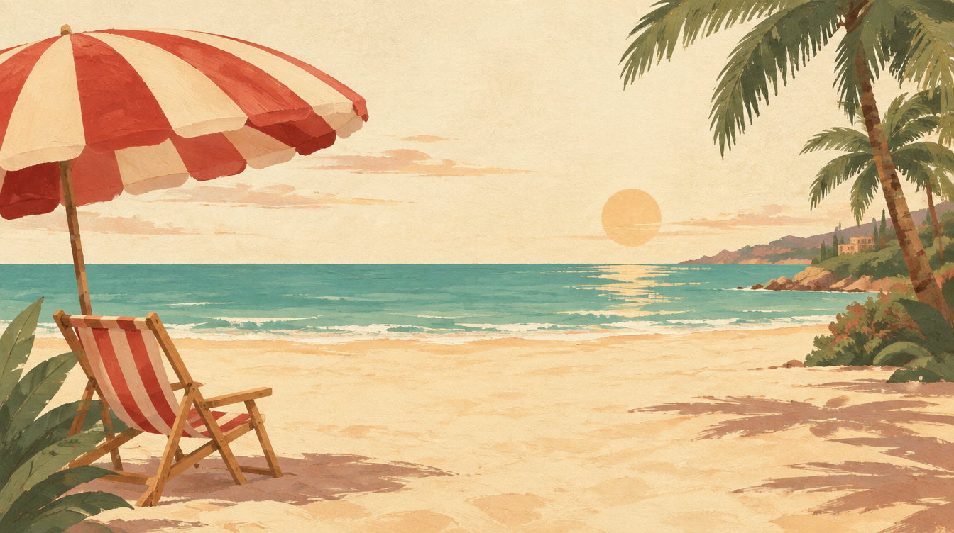 A painted sunny beach with striped parasols, palm trees and a turquoise sea
