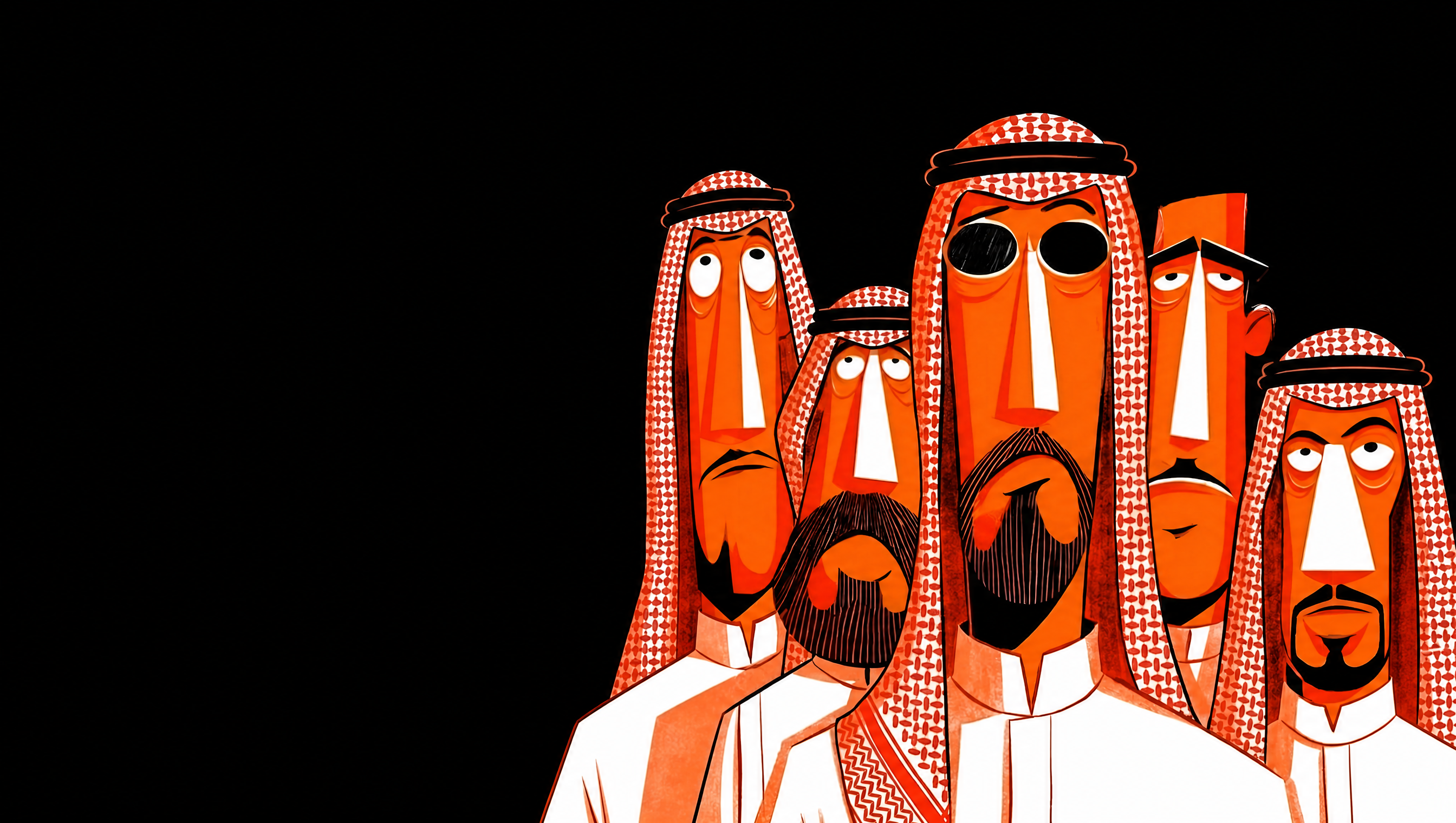 Five expressive illustrated men in white thobes and patterned headscarves, painted in vivid orange against black.